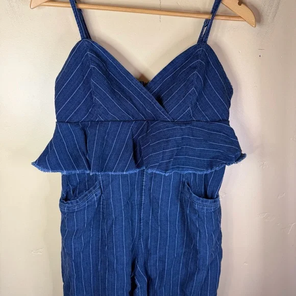 Anthro ett:twa Jumpsuit Womens Blue Denim Size SP Peplum Ruffled Striped Boho - Picture 11 of 13